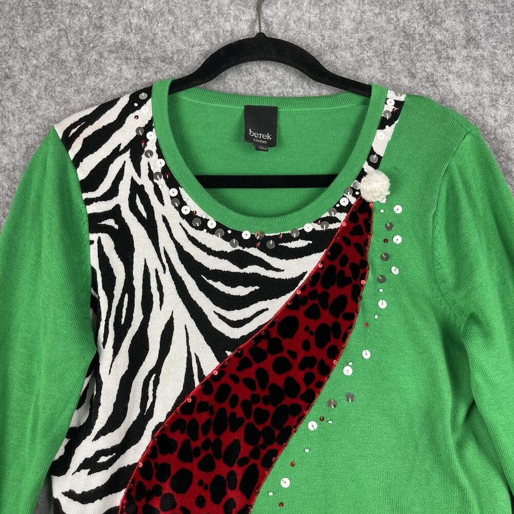 Berek Studio Ugly Christmas Sweater Womens Medium Green Santa Beaded Sequin 3D - Picture 2 of 15